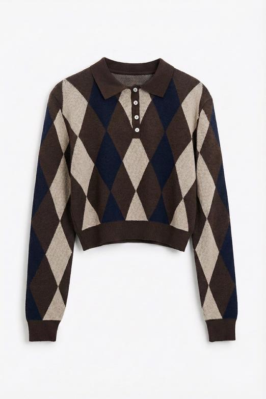 Bayan  Baklavalı Polo Yakalı Kazak