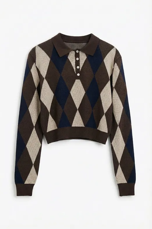 Bayan Kahverengi Baklavalı Polo Yakalı Kazak - BSL