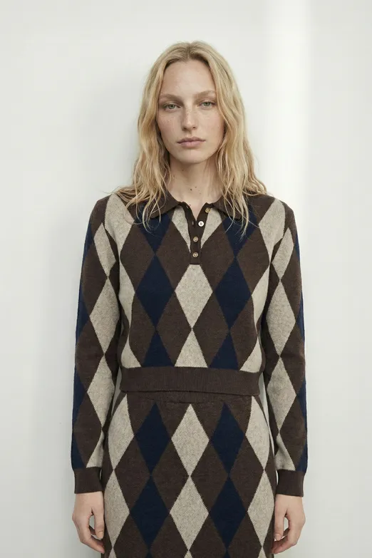 Bayan Kahverengi Baklavalı Polo Yakalı Kazak - BSL