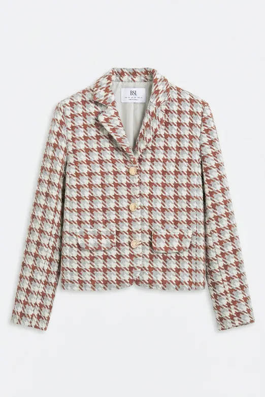 Bayan Kiremit Kazayağı Desen Kısa Blazer Ceket - BSL