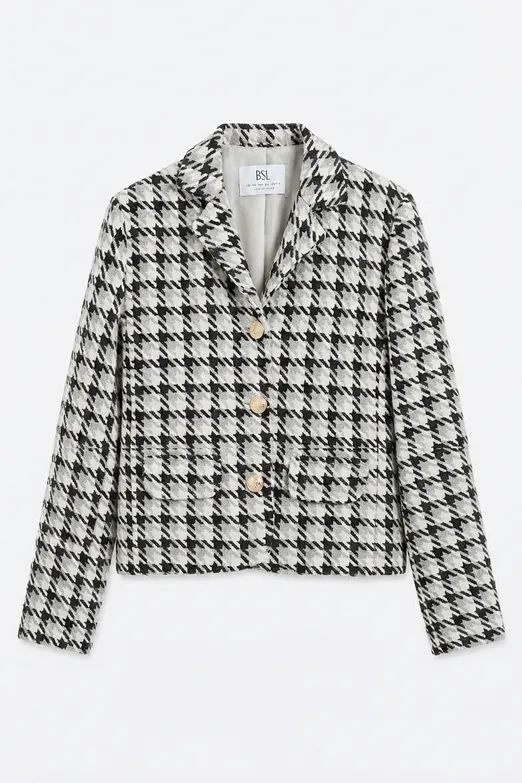 Bayan Siyah Kazayağı Desen Kısa Blazer Ceket - BSL