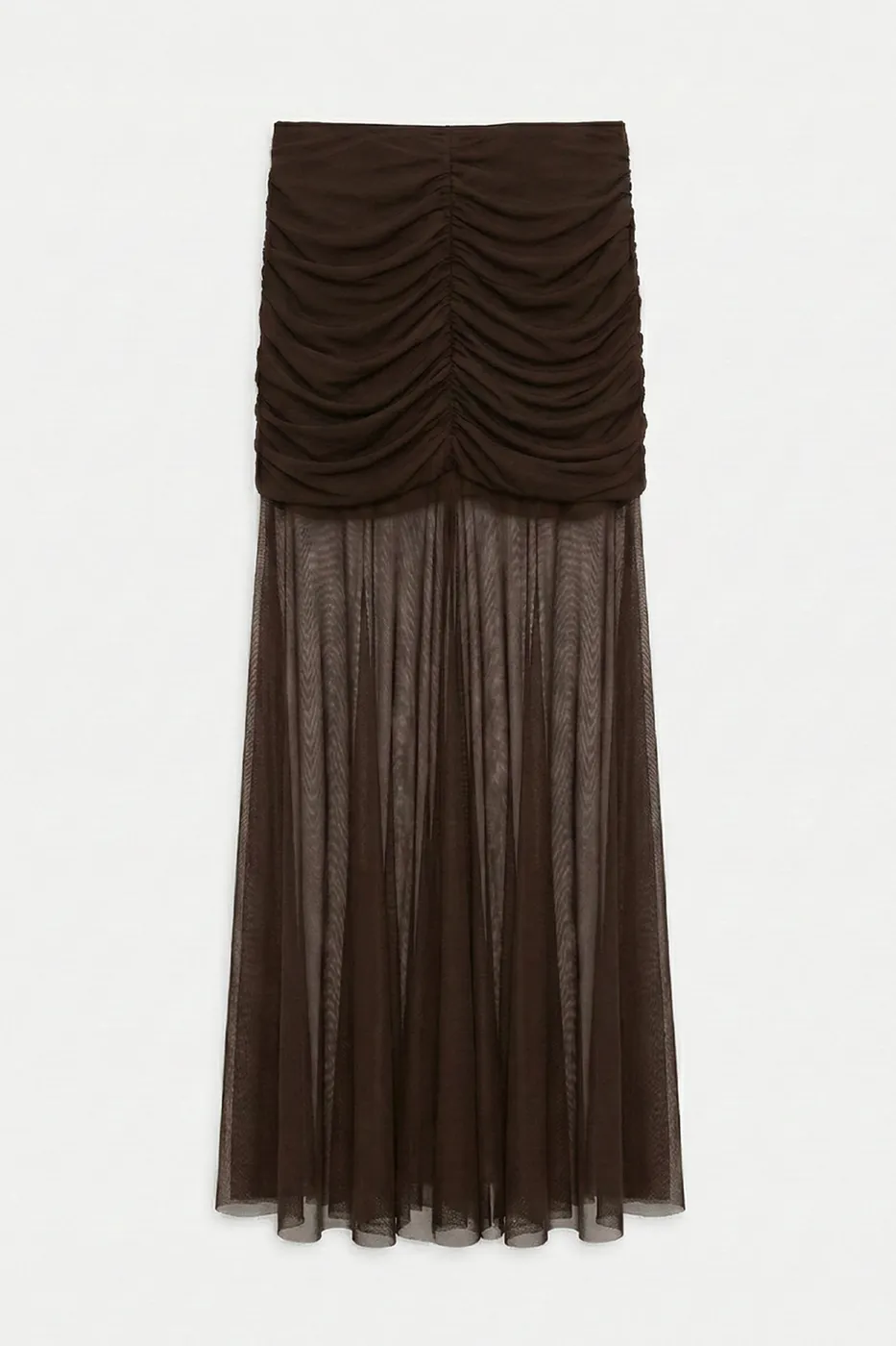 Bayan Kahverengi Drapeli Tül Maksi Etek