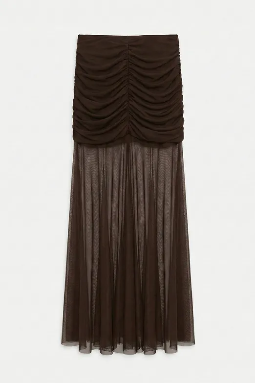 Bayan Kahverengi Drapeli Tül Maksi Etek - BSL