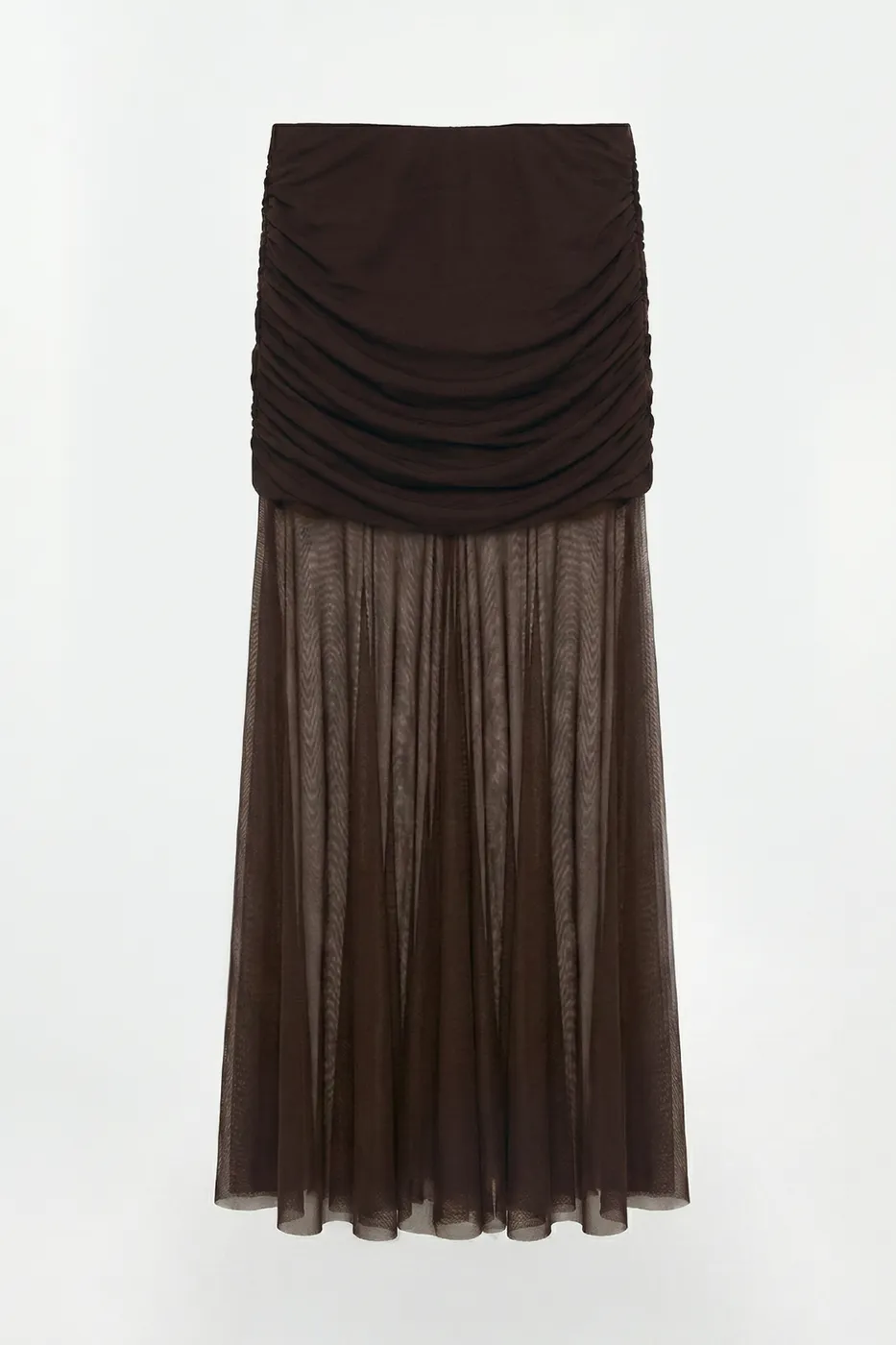Bayan Kahverengi Drapeli Tül Maksi Etek