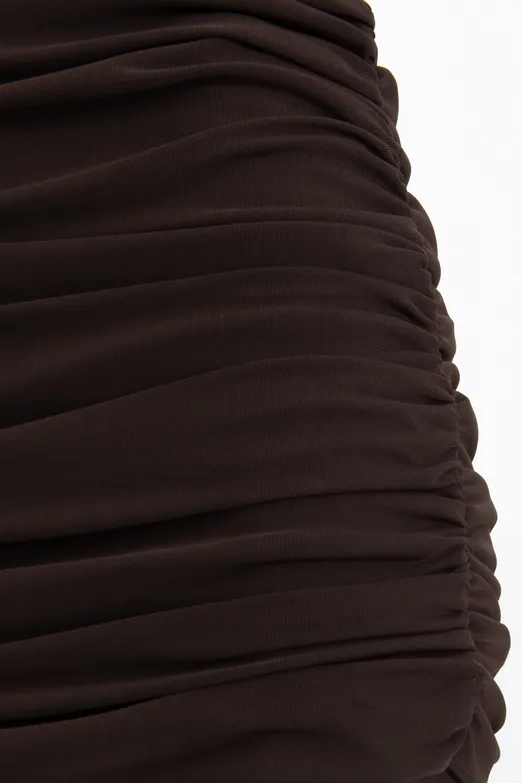 Bayan Kahverengi Drapeli Tül Maksi Etek - BSL