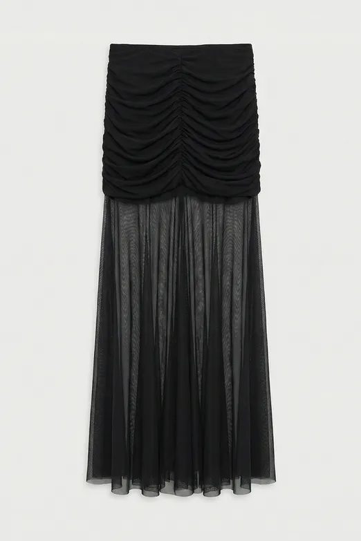 Bayan Siyah Drapeli Tül Maksi Etek - BSL