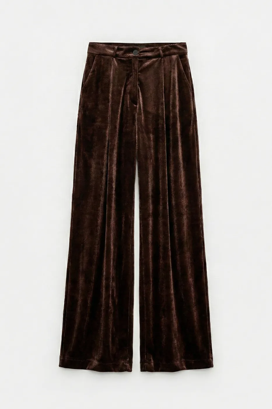 Bayan Kahverengi Kadife Pileli  Bol Pantolon