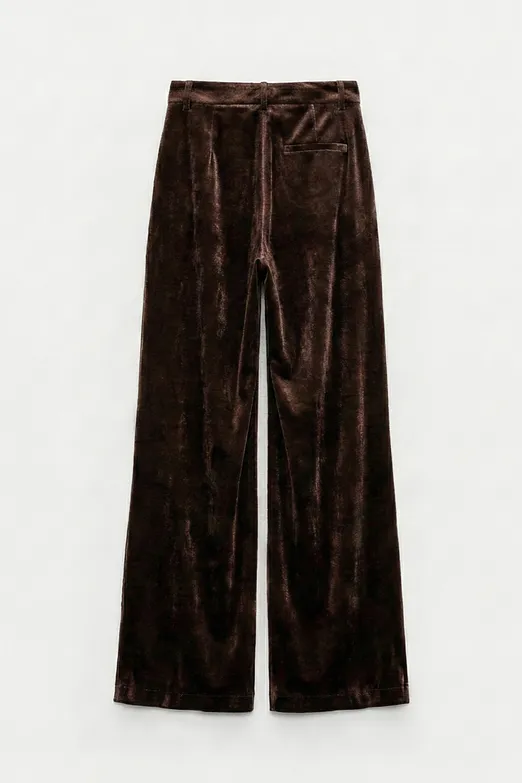 Bayan Kahverengi Kadife Pileli Bol Pantolon - BSL