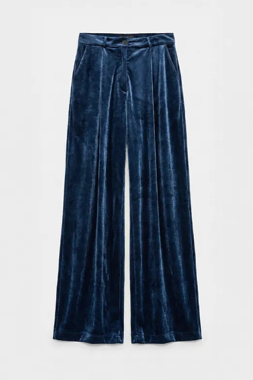 Bayan Lacivert Kadife Pileli  Bol Pantolon - BSL