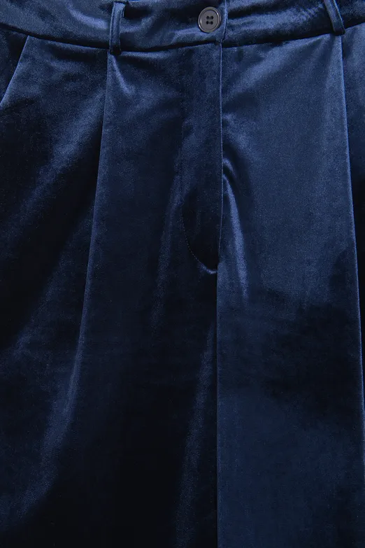 Bayan Lacivert Kadife Pileli  Bol Pantolon - BSL