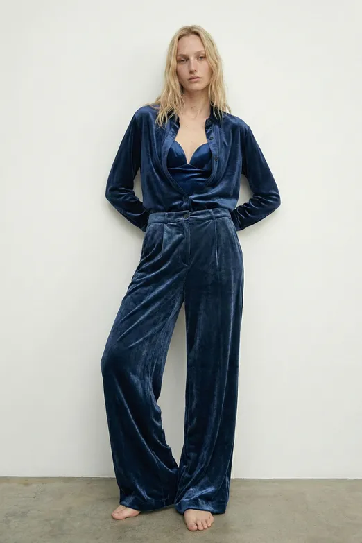 Bayan Lacivert Kadife Pileli  Bol Pantolon - BSL