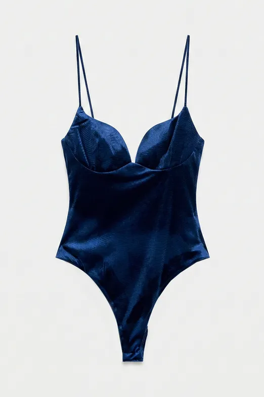 Bayan Lacivert Kadife Askılı Bodysuit - BSL