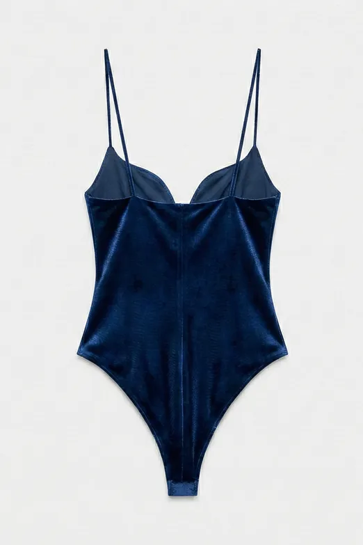 Bayan Lacivert Kadife Askılı Bodysuit - BSL