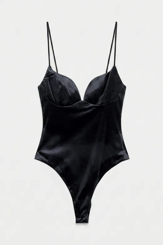 Bayan Siyah Kadife Askılı Bodysuit - BSL