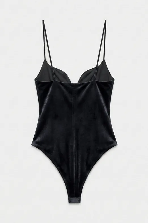 Bayan Siyah Kadife Askılı Bodysuit - BSL