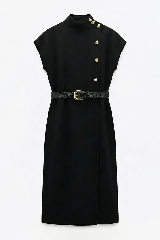 Bayan Siyah Kemerli Midi Elbise - BSL