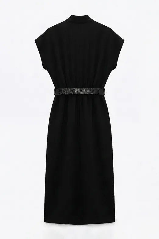 Bayan Siyah Kemerli Midi Elbise - BSL