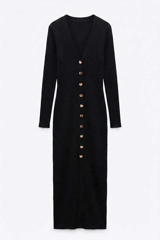 Metal Düğmeli Midi Dar Elbise