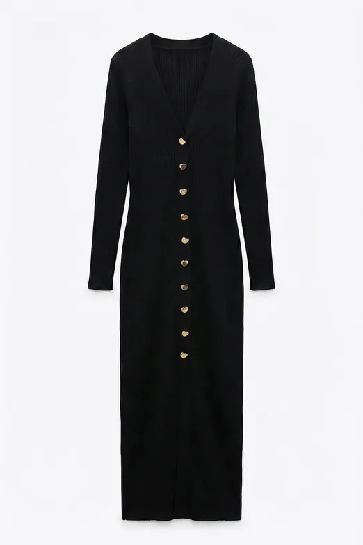 Bayan Siyah Metal Düğmeli Midi Dar Elbise - BSL