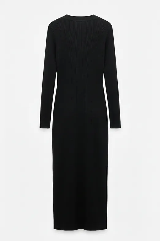 Bayan Siyah Metal Düğmeli Midi Dar Elbise - BSL