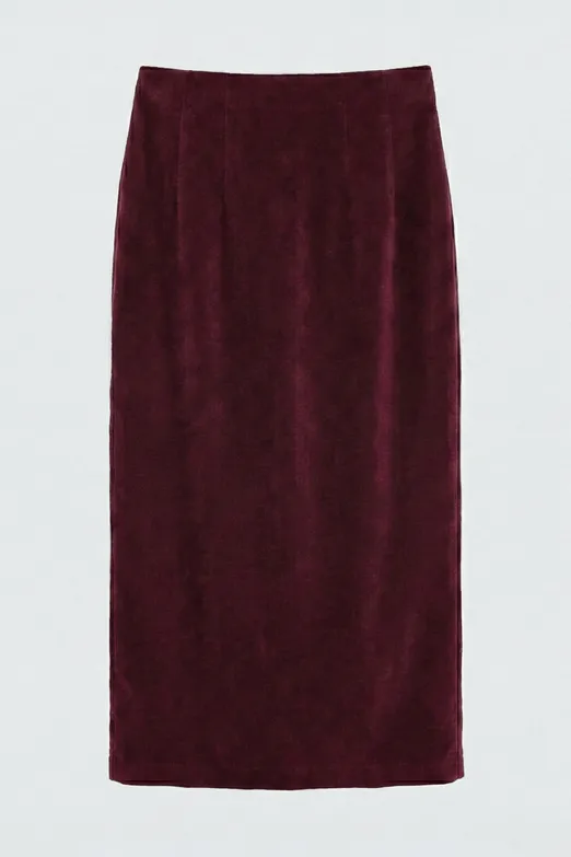 Bayan Bordo Kadife Midi Kalem Etek - BSL