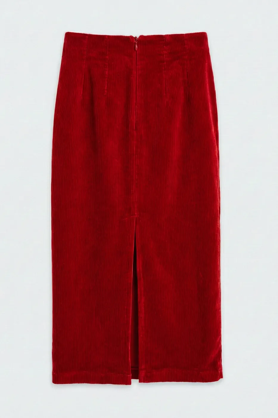 Bayan Kırmızı Kadife Midi Kalem Etek