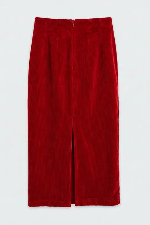 Bayan Kırmızı Kadife Midi Kalem Etek - BSL