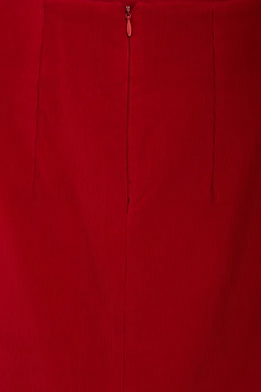 Bayan Kırmızı Kadife Midi Kalem Etek - BSL