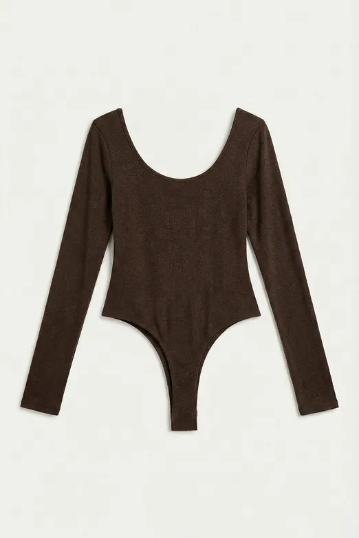 Bayan Kahverengi Geniş Yakalı Bodysuit - BSL