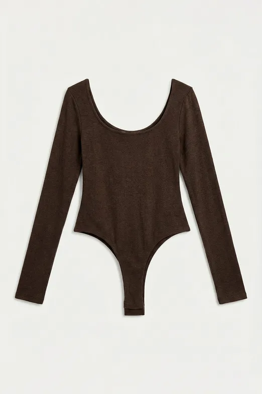 Bayan Kahverengi Geniş Yakalı Bodysuit - BSL