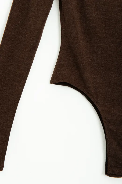 Bayan Kahverengi Geniş Yakalı Bodysuit - BSL