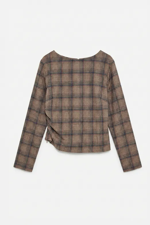 Bayan Vizon Ekoseli Asimetrik Bluz - BSL