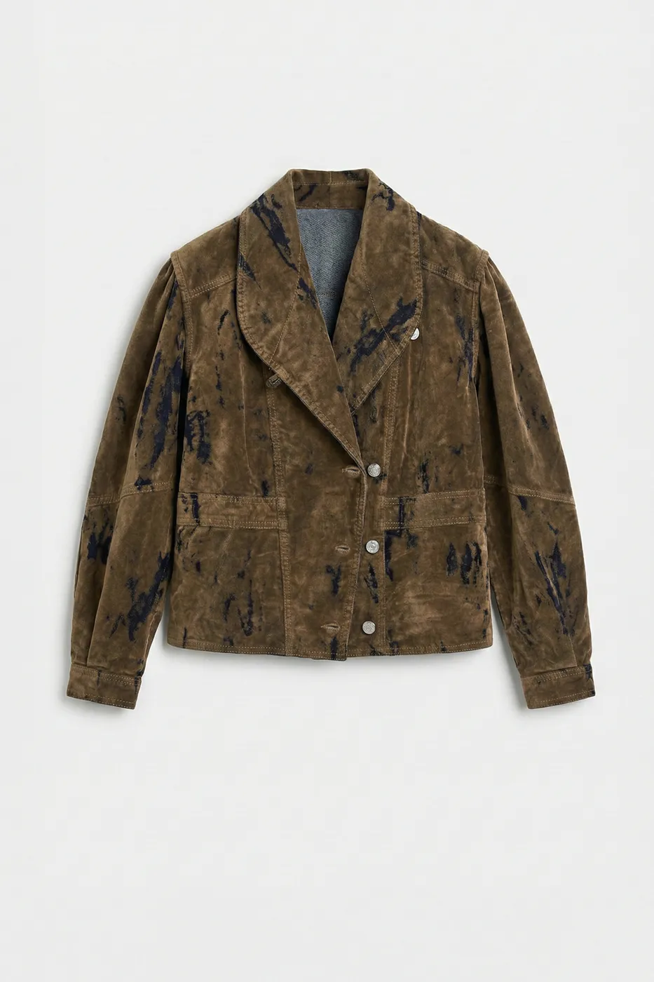 Bayan Kahverengi Balon Kollu Flok Baskılı Peplum Ceket