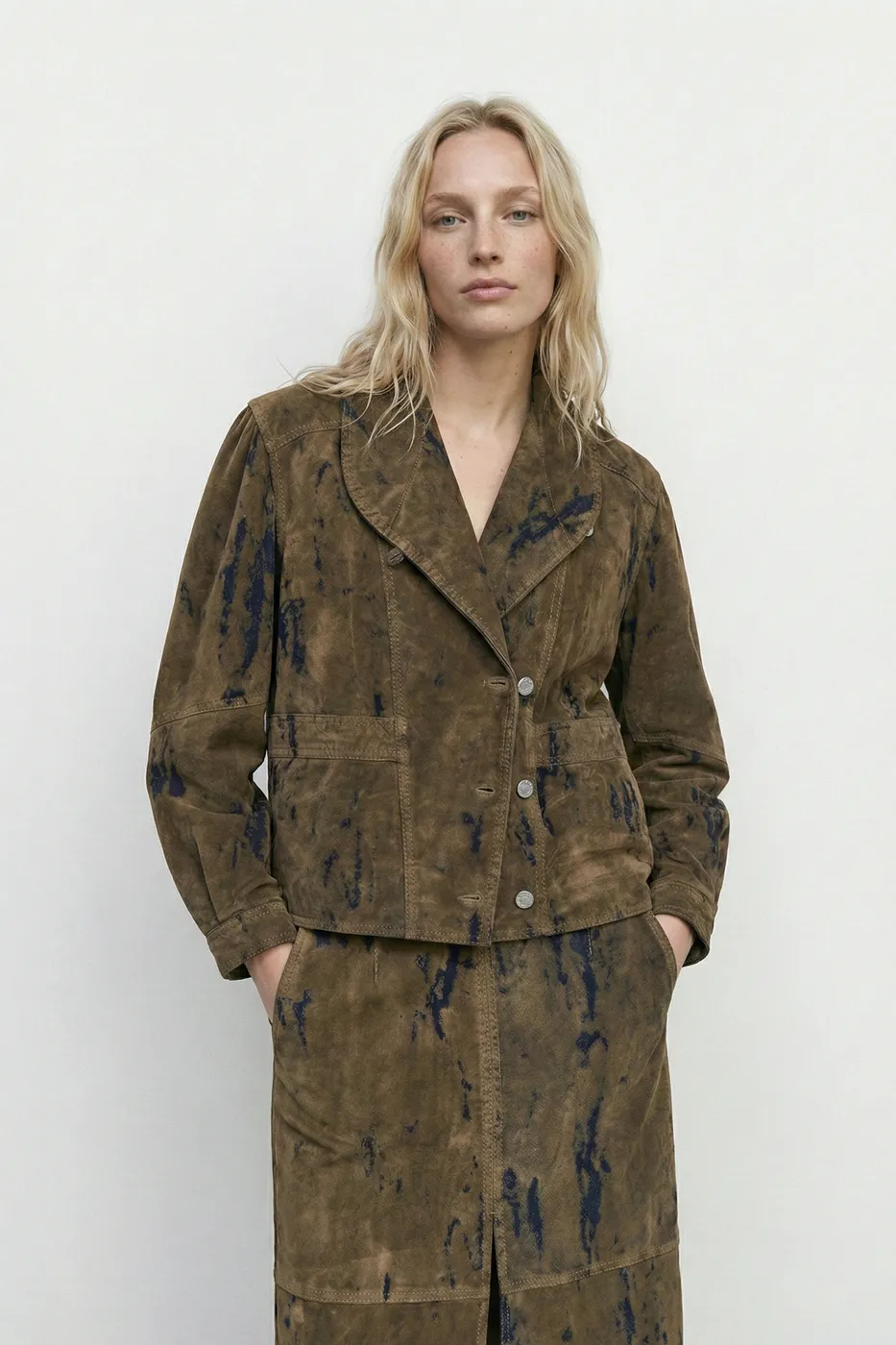 Bayan Kahverengi Balon Kollu Flok Baskılı Peplum Ceket