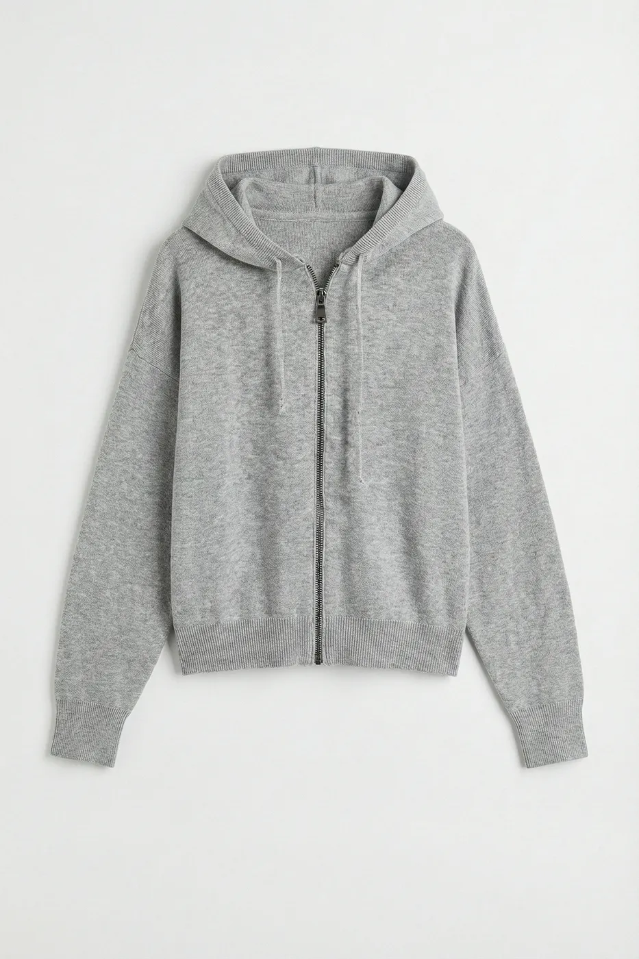 Bayan Gri Kapüşonlu Fermuarlı Triko