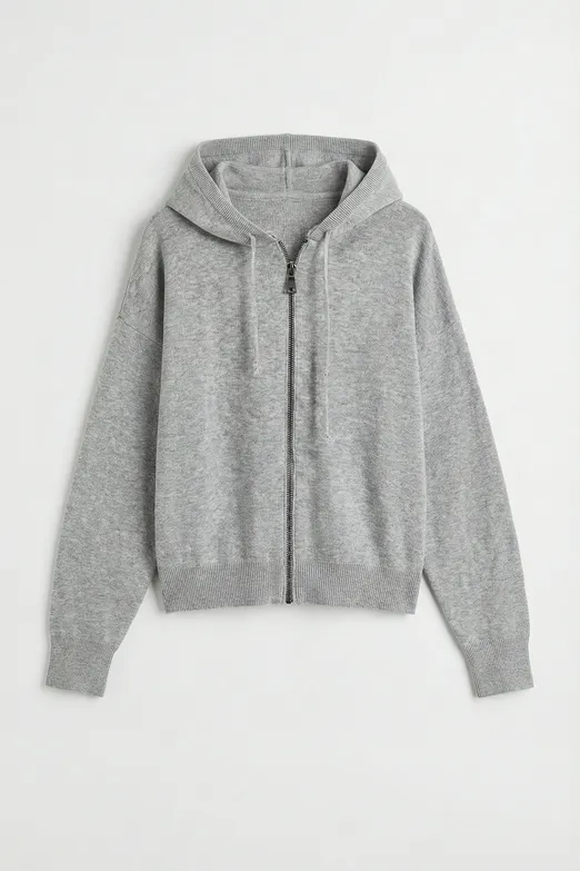 Bayan Gri Kapüşonlu Fermuarlı Triko - BSL