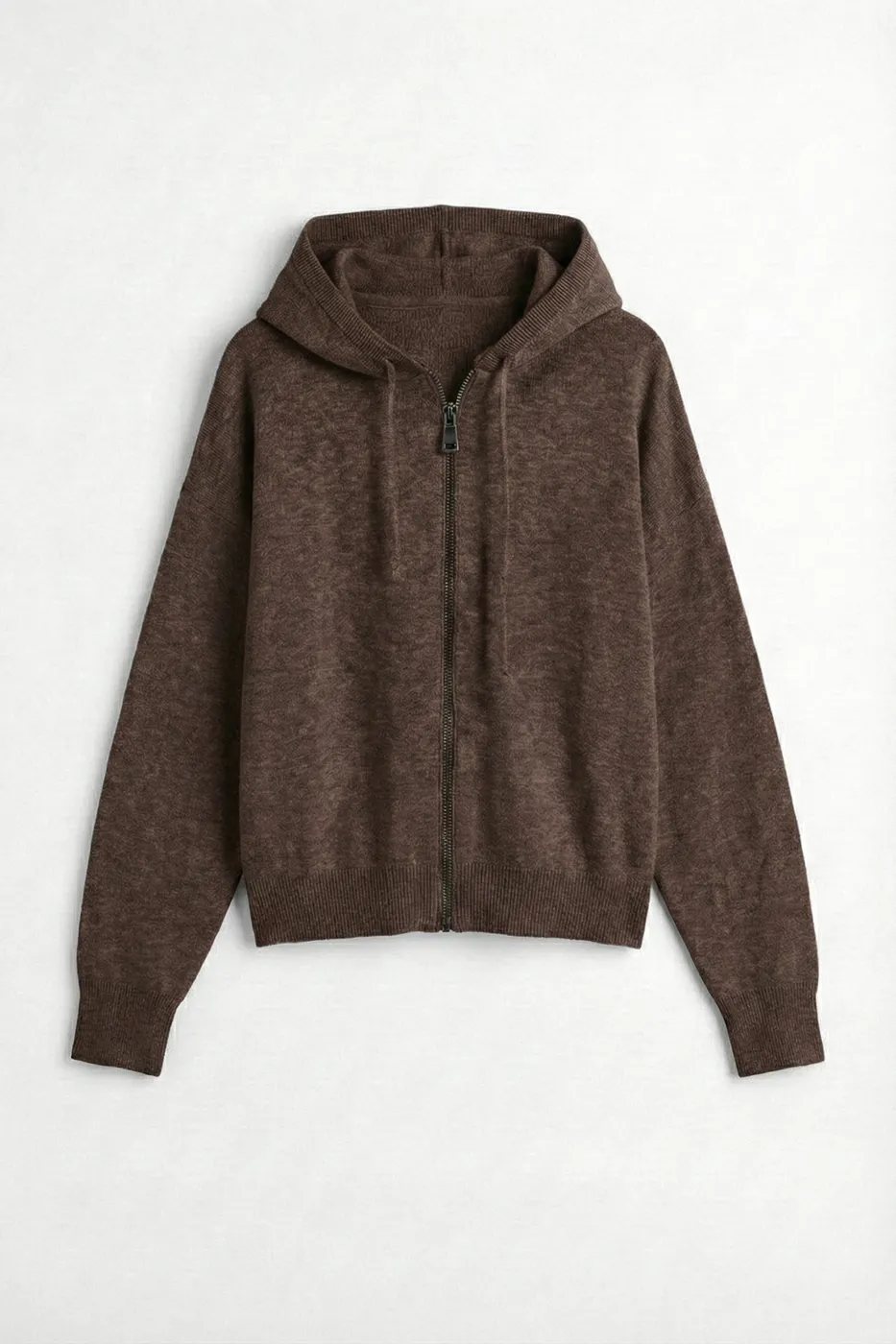 Bayan Kahverengi Kapüşonlu Fermuarlı Triko