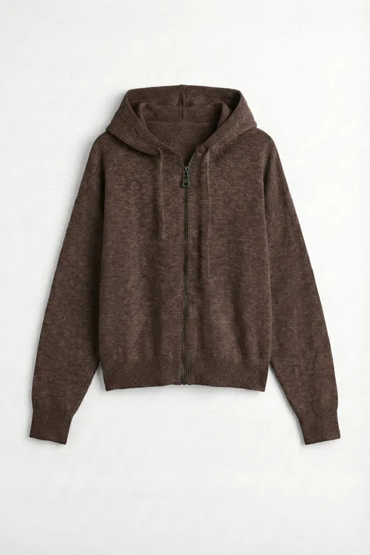 Bayan Kahverengi Kapüşonlu Fermuarlı Triko - BSL