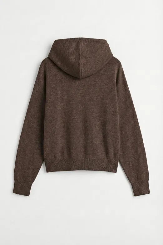 Bayan Kahverengi Kapüşonlu Fermuarlı Triko - BSL