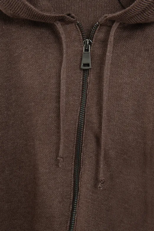 Bayan Kahverengi Kapüşonlu Fermuarlı Triko - BSL