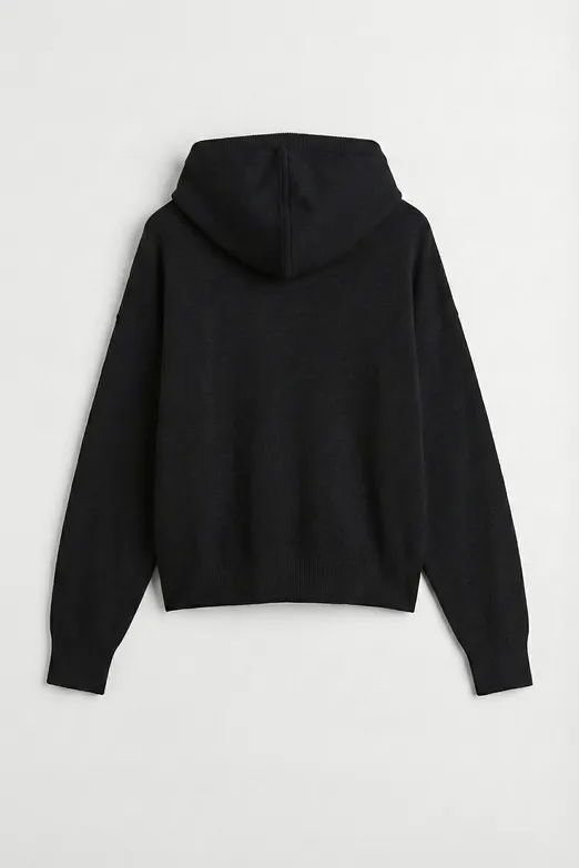 Bayan Siyah Kapüşonlu Fermuarlı Triko - BSL
