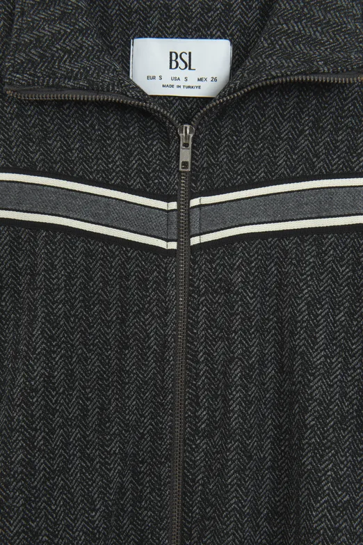 Bayan Antrasit Şerit Garnili Fermuarlı Sweatshırt - BSL