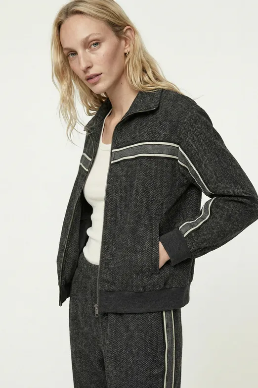 Bayan Antrasit Şerit Garnili Fermuarlı Sweatshırt - BSL