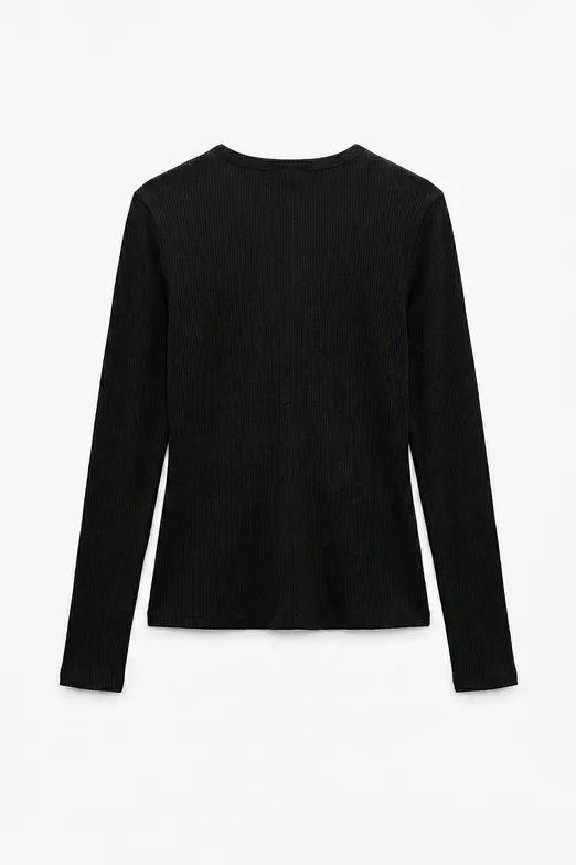 Bayan Siyah Yarım Patlı Uzun Kol Top - BSL