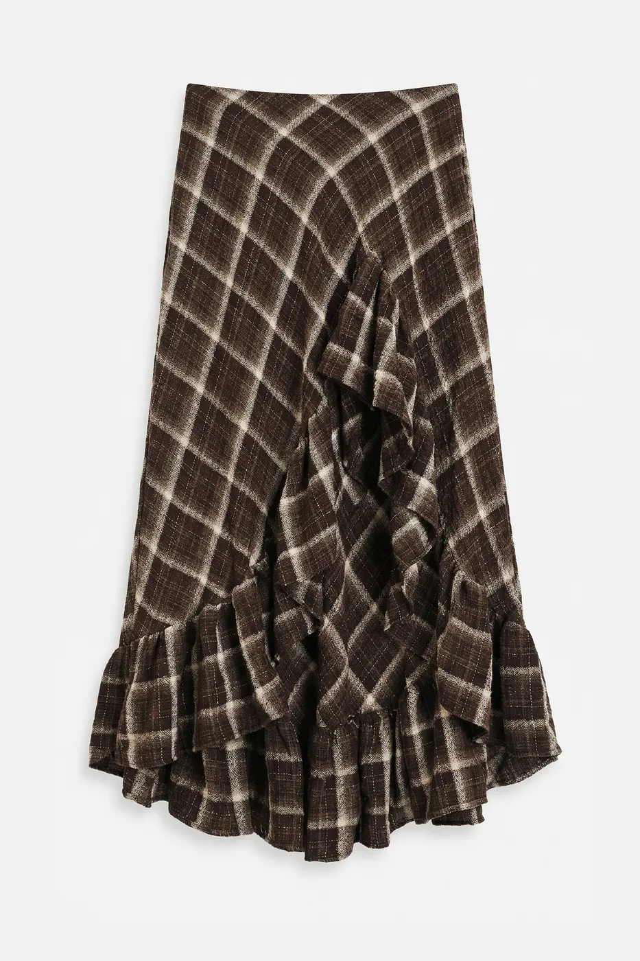 Bayan Kahverengi Ekoseli Asimetrik Fırfırlı  Midi Etek