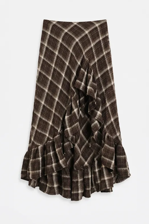 Bayan Kahverengi Ekoseli Asimetrik Fırfırlı  Midi Etek - BSL