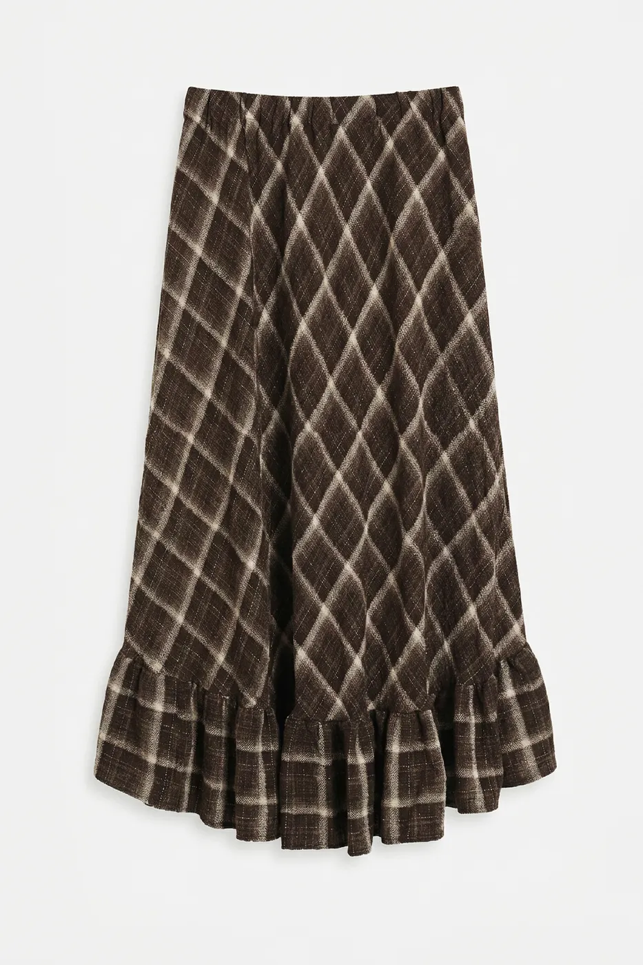 Bayan Kahverengi Ekoseli Asimetrik Fırfırlı  Midi Etek