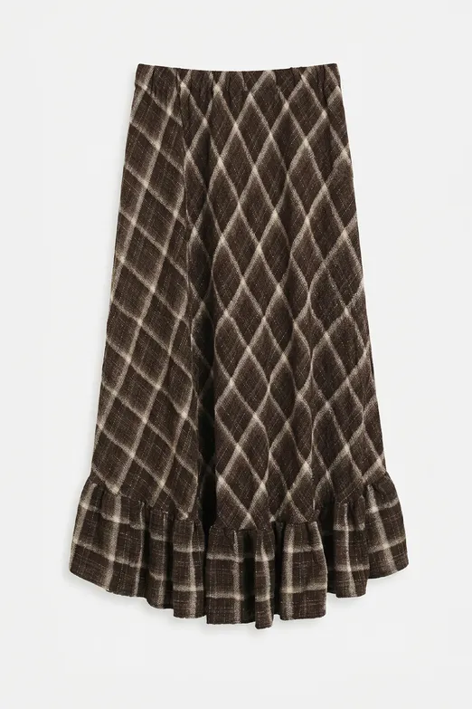 Bayan Kahverengi Ekoseli Asimetrik Fırfırlı  Midi Etek - BSL