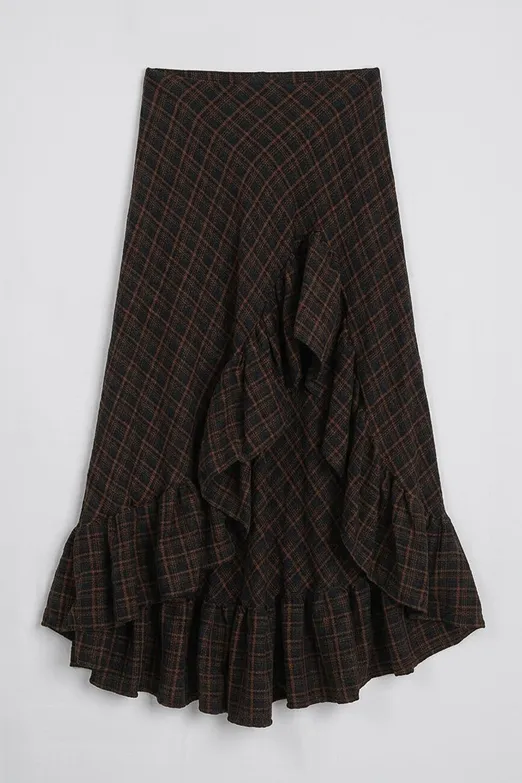 Bayan Haki Ekoseli Asimetrik Fırfırlı  Midi Etek - BSL