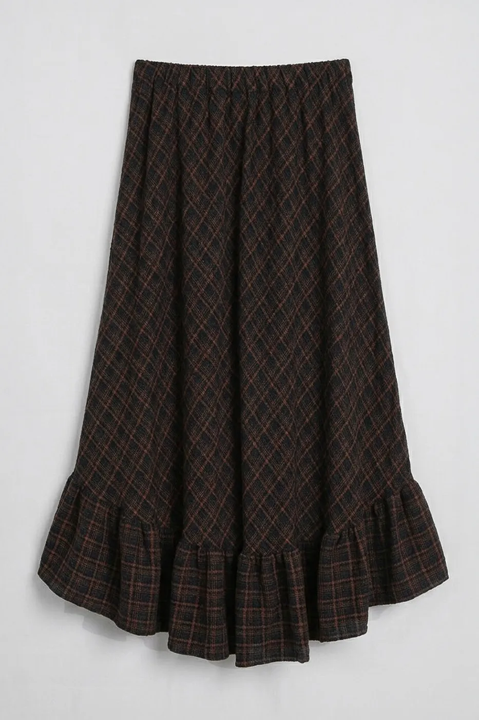Bayan Haki Ekoseli Asimetrik Fırfırlı  Midi Etek
